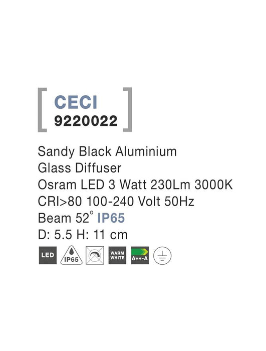CECI Sandy Black Aluminium Glass Diffuser LED 3 Watt 230Lm 3000K D: 5.5 H: 11 cm IP65
