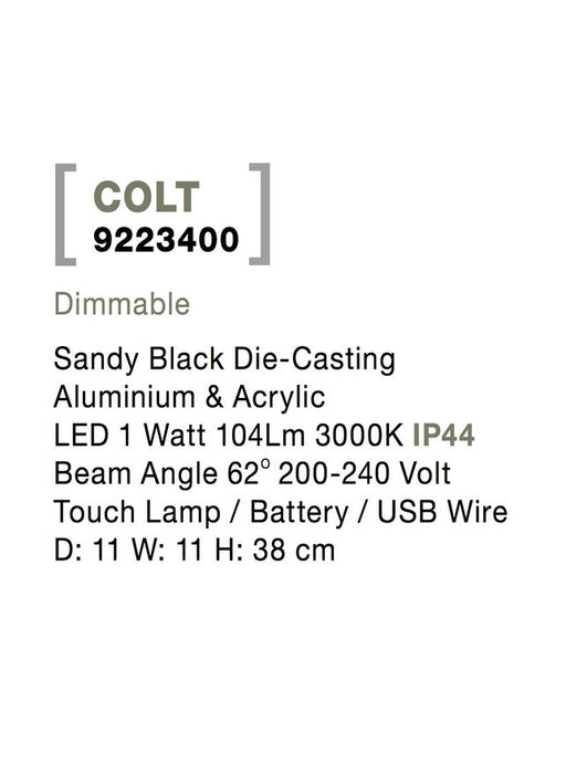 COLT Sandy Black Die-Casting Aluminium & Acrylic LED 1 Watt 104Lm 3000K IP44 Beam Angle 62° 200-240 Volt Touch Lamp / Battery / USB Wire D: 11 W: 11 H: 38 cm