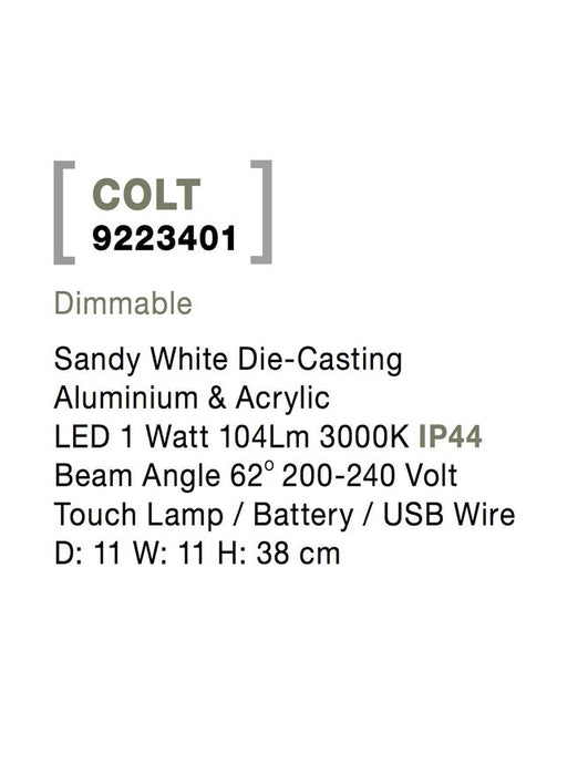 COLT Sandy White Die-Casting Aluminium & Acrylic LED 1 Watt 104Lm 3000K IP44 Beam Angle 62° 200-240 Volt Touch Lamp / Battery / USB Wire D: 11 W: 11 H: 38 cm