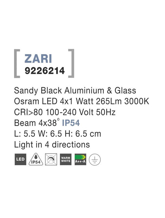 ZARI Sandy Black Alum. & Glass LED 4x1 Watt 265Lm 3000K 4 sides light L: 5.5 H: 6.5 cm IP54