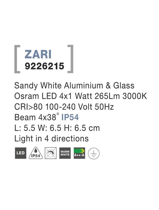 ZARI Sandy White Alum. & Glass LED 4x1 Watt 265Lm 3000K 4 sides light L: 5.5 H: 6.5 cm IP54