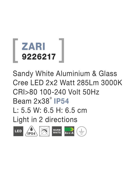 ZARI Sandy White Alum. & Glass LED 2x2 Watt 285Lm 3000K 2 sides light L: 5.5 H: 6.5 cm IP54