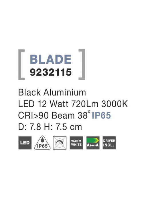 BLADE Black Aluminium LED 12 Watt 720Lm 3000K Beam 38o IP65 D: 7.8 H: 7.5 cm
