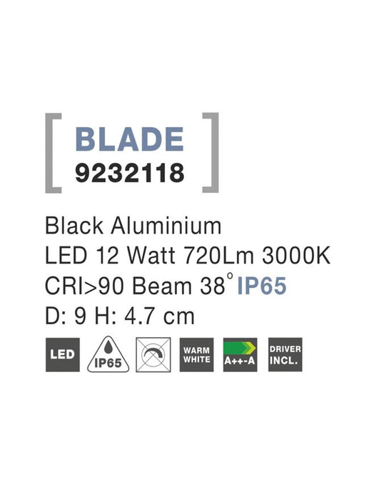 BLADE Black Aluminium LED 12 Watt 720Lm 3000K Beam 38o IP65 D: 9 H: 4.7 cm