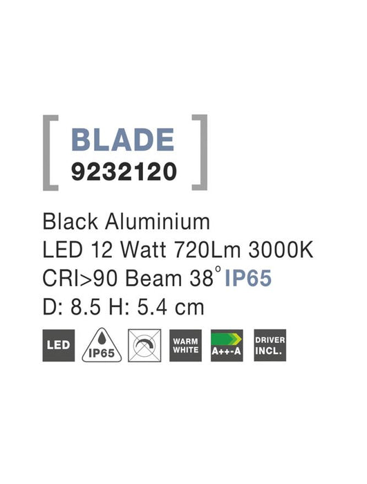 BLADE Black Aluminium LED 12 Watt 720Lm 3000K Beam 38o IP65 D: 8.5 H: 5.4 cm