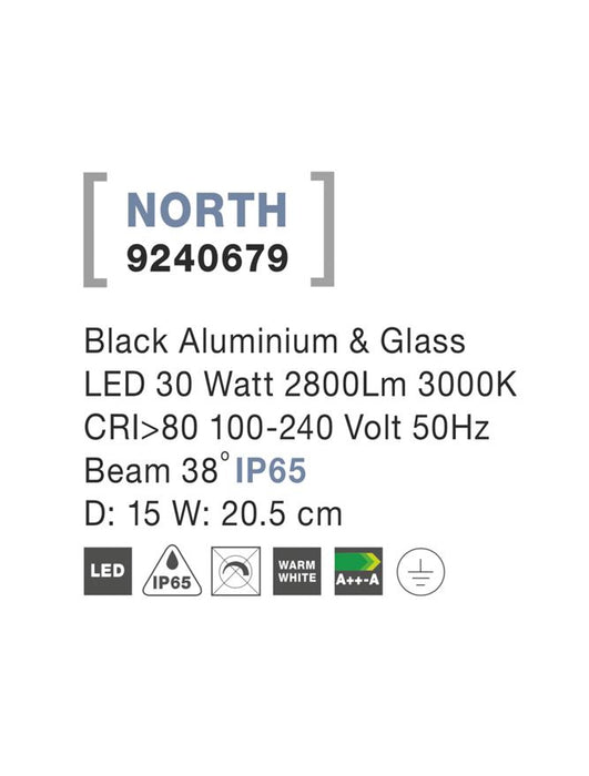 NORTH Black Aluminium & Glass LED 30 Watt 2800Lm 3000K D: 15 W: 20.5 cm IP65