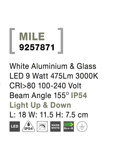 MILE  White Aluminium & Glass LED 9 Watt 475Lm 3000K CRI>80 100-240 Volt Beam Angle 155° IP54 Light Up & Down L: 18 W: 11.5 H: 7.5 cm