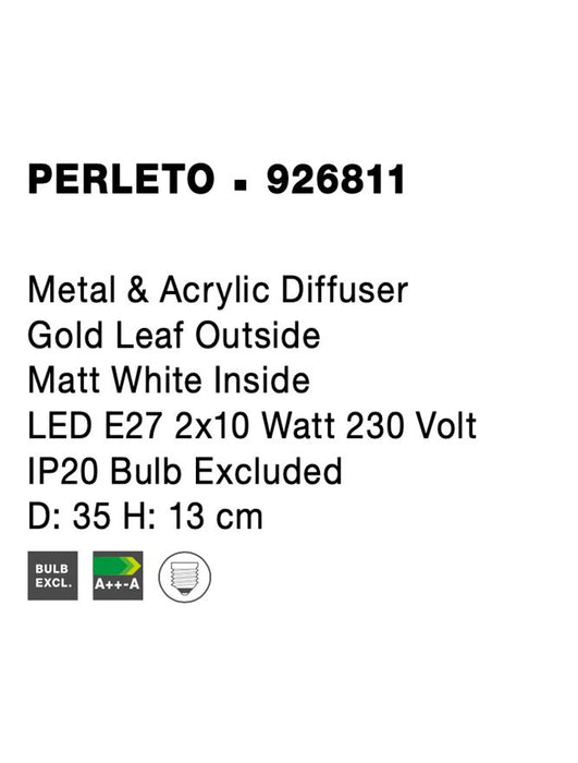 PERLETO Metal & Acrylic Diffuser Gold Leaf Outside Matt White Inside LED E27 2x12 Watt 230 Volt IP20 Bulb Excluded D: 35 H: 13 cm