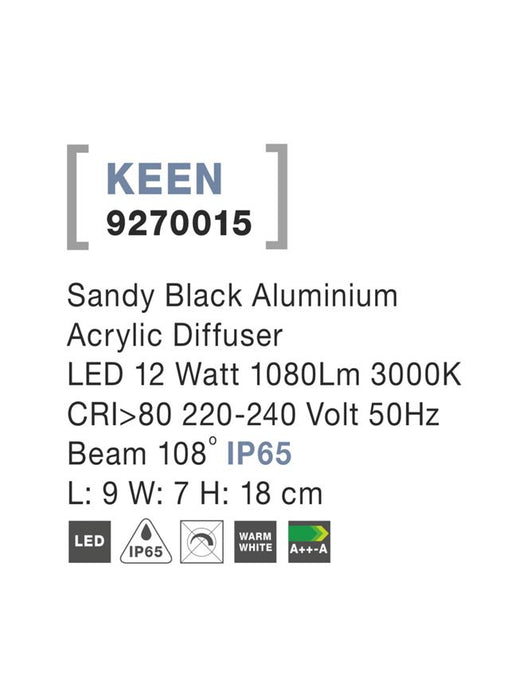 KEEN Sandy Black Alum. Acrylic Diffuser LED 12 Watt 1080Lm 3000K L: 9 W: 7 H: 18 cm IP65