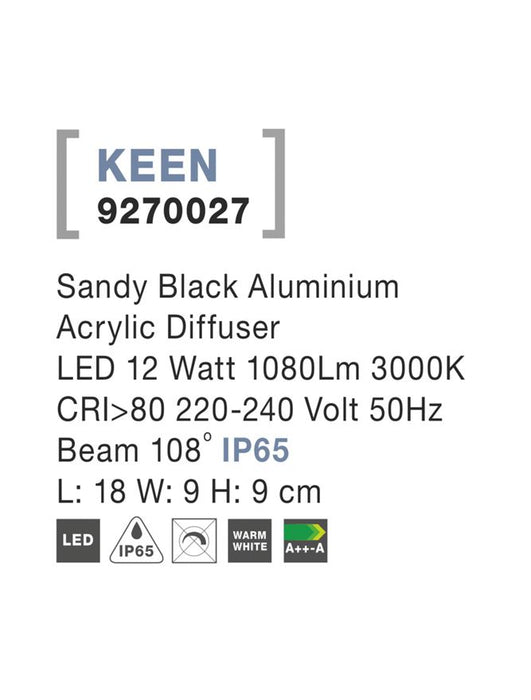 KEEN Sandy Black Aluminium LED 12 Watt 1080Lm 3000K  L: 18 W: 9 H: 9 cm IP65