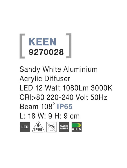 KEEN Sandy White Aluminium LED 12 Watt 1080Lm 3000K L: 18 W: 9 H: 9 cm IP65