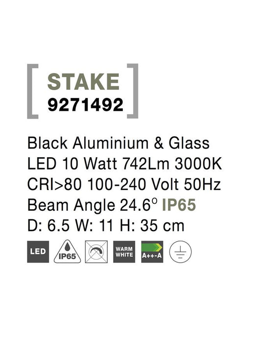 STAKE Black Aluminium & Glass LED 10 Watt 742Lm 3000K CRI>80 100-240 Volt 50Hz Beam Angle 24.6° IP65 D: 6.5 W: 11 H: 35 cm