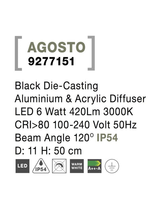 AGOSTO Black Aluminium & Acrylic LED 6 Watt 420Lm 3000K 50Hz D: 11 H: 50 cm IP54