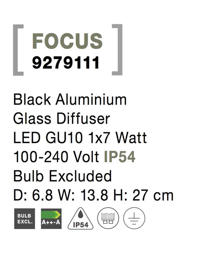 FOCUS Black Aluminium Glass Diffuser LED GU10 1x7 Watt 100-240 Volt IP54 Bulb Excluded D: 6.8 W: 13.8 H: 27 cm