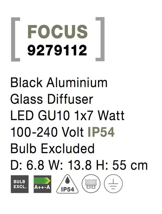 FOCUS Black Aluminium Glass Diffuser LED GU10 1x7 Watt 100-240 Volt IP54 Bulb Excluded D: 6.8 W: 13.8 H: 55 cm