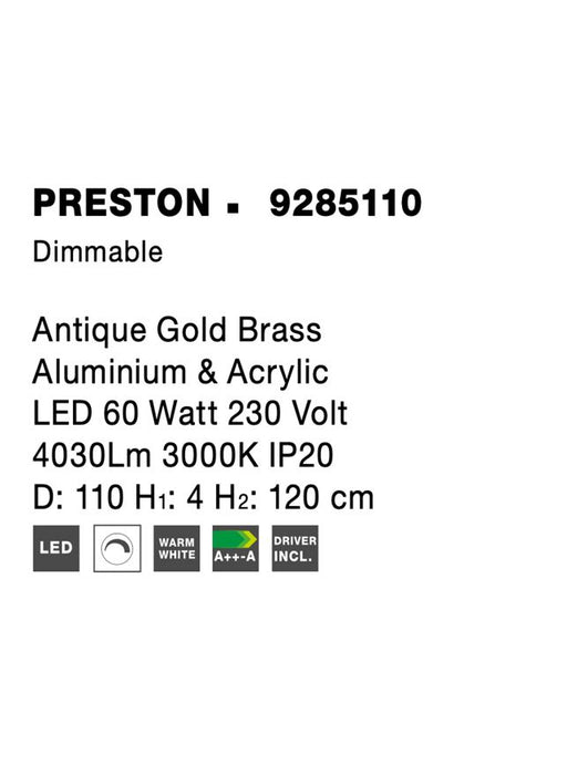 PRESTON Antique Gold Brass Aluminium & Acrylic LED 60 Watt 230 Volt 4030Lm 3000K IP20 D: 110 H1: 4 H2: 120 cm
