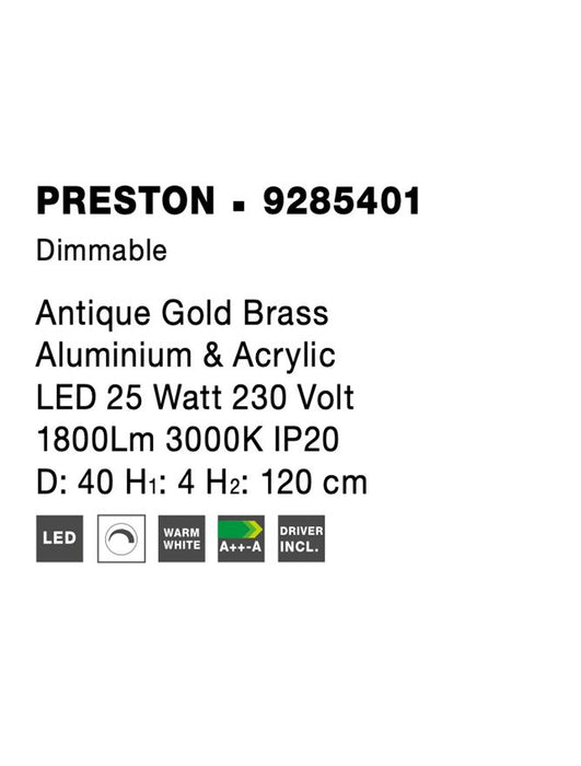 PRESTON Antique Gold Brass Aluminium & Acrylic LED 25 Watt 230 Volt 1800Lm 3000K IP20 40 D: 40 H1: 4 H2: 120 cm