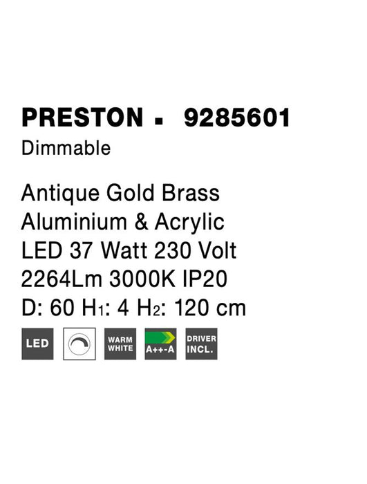 PRESTON Antique Gold Brass Aluminium & Acrylic LED 37 Watt 230 Volt 2264Lm 3000K IP20 D: 60 H1: 4 H2: 120 cm