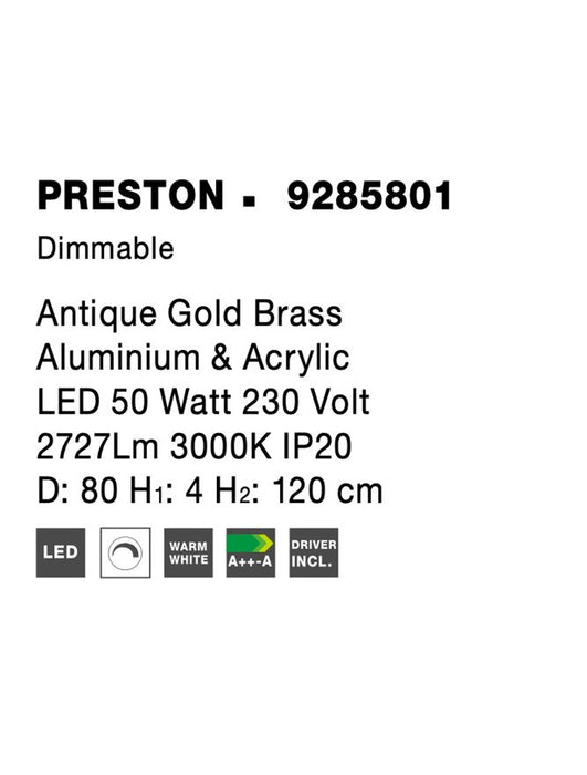 PRESTON Antique Gold Brass Aluminium & Acrylic LED 50 Watt 230 Volt 2727Lm 3000K IP20 D: 80 H1: 4 H2: 120 cm