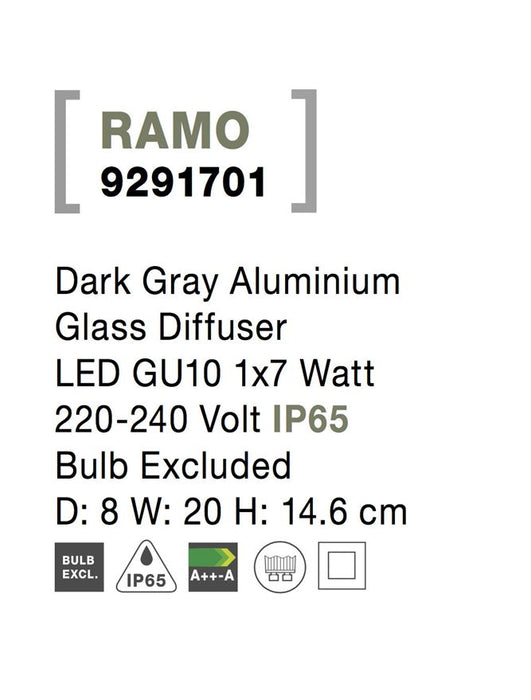 RAMO Dark Gray Aluminium Glass Diffuser LED GU10 1x7 Watt 220-240 Volt IP65 Bulb Excluded D: 8 W: 20 H: 14.6 cm