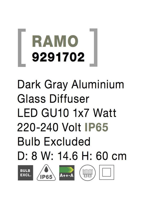 RAMO Dark Gray Aluminium Glass Diffuser LED GU10 1x7 Watt 220-240 Volt IP65 Bulb Excluded D: 8 W: 14.6 H: 60 cm