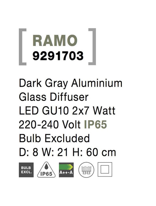 RAMO Dark Gray Aluminium Glass Diffuser LED GU10 2x7 Watt  220-240 Volt IP65 Bulb Excluded D: 8 W: 21 H: 60 cm