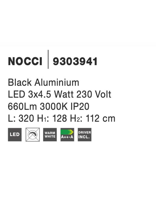 NOCCI Black Aluminium Black Fabric Wire LED 3x4.5 Watt 230 Volt 660Lm 3000K IP20 L: 320 H1: 128 H2: 112 cm