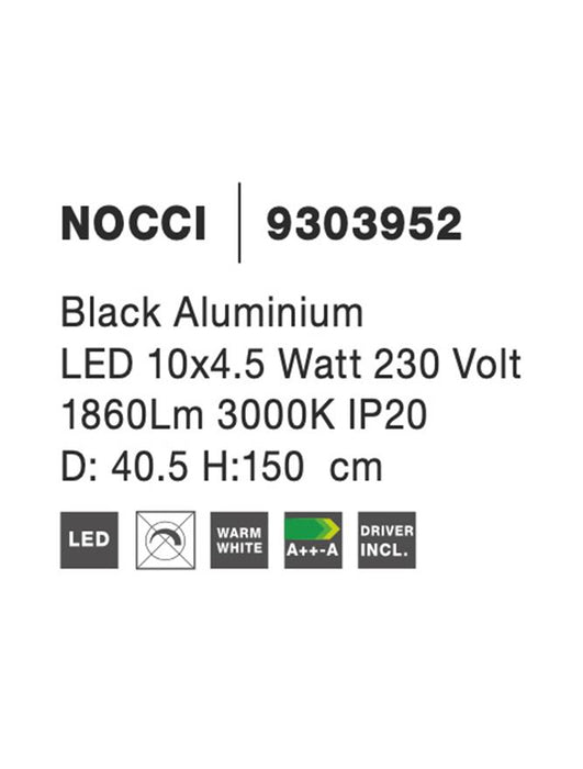 NOCCI Black Aluminium
Black Fabric Wire 
LED 48 Watt 230 Volt
1902Lm 3000K IP20
D: 40.5 H: 150 cm Adjustable Height