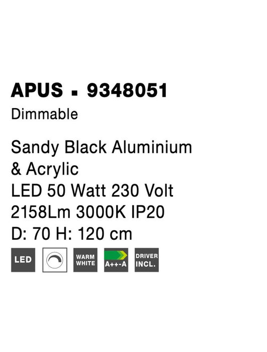 APUS Sandy Black Aluminium & Acrylic LED 50 Watt 230 Volt 2158Lm 3000K IP20 D: 70 H: 120 cm