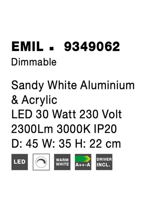 EMIL Sandy White Aluminium & Acrylic LED 30 Watt 230 Volt 2300Lm 3000K IP20 D: 45 W: 35 H: 22 cm