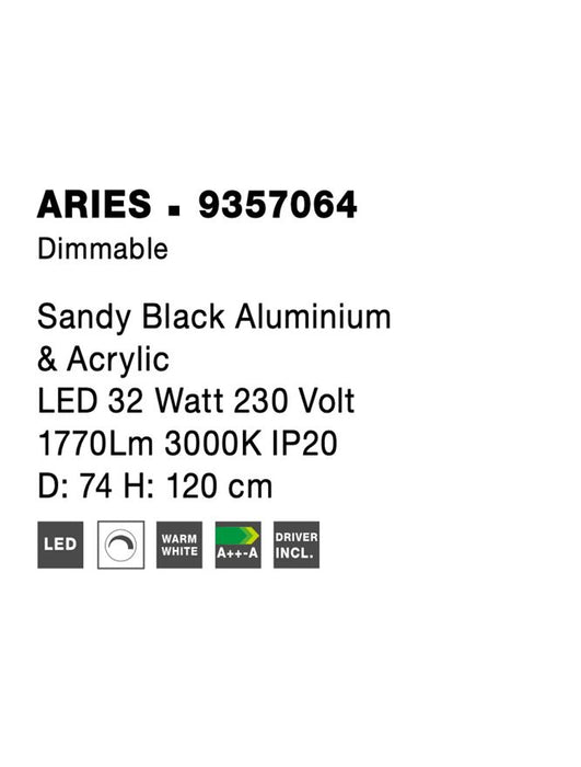 ARIES Sandy Black Aluminium & Acrylic LED 32 Watt 230 Volt 1770Lm 3000K IP20 D: 74 H: 120 cm Dimmable
