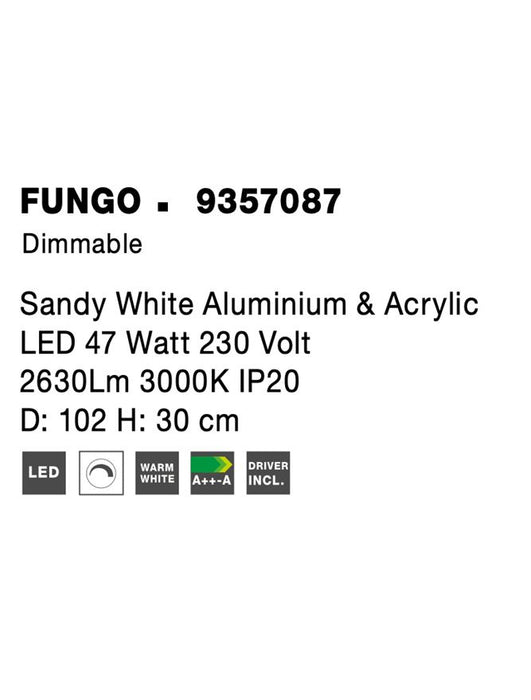 FUNGO Sandy White Aluminium & Acrylic LED 47 Watt 230 Volt 2630Lm 3000K IP20 D: 102 H: 30 cm