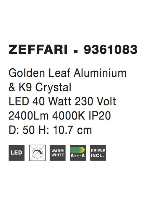 ZEFFARI Golden Leaf Aluminium & K9 Crystal LED 40 Watt 230 Volt 2400Lm 4000K IP20 D: 50 H: 10.7 cm