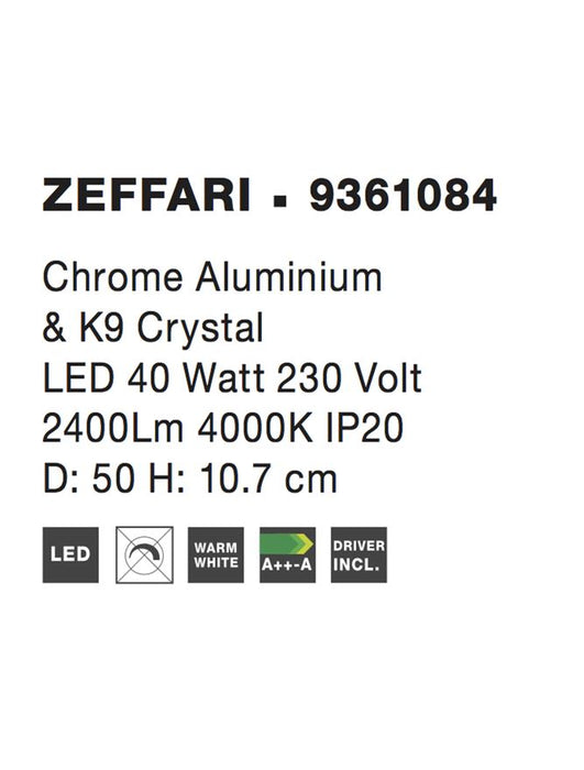 ZEFFARI Chrome Aluminium & K9 Crystal LED 40 Watt 230 Volt 2400Lm 4000K IP20 D: 50 H: 10.7 cm