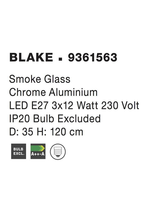 BLAKE Smoke Glass Chrome Aluminium LED E27 3x12 Watt 230 Volt IP20 Bulb Excluded D: 35 H: 120 cm