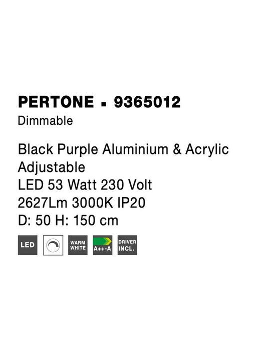 PERTONE Black Purple Aluminium & Acrylic Adjustable LED 53 Watt 230 Volt 2627Lm 3000K IP20 D: 50 H: 150 cm Dimmable