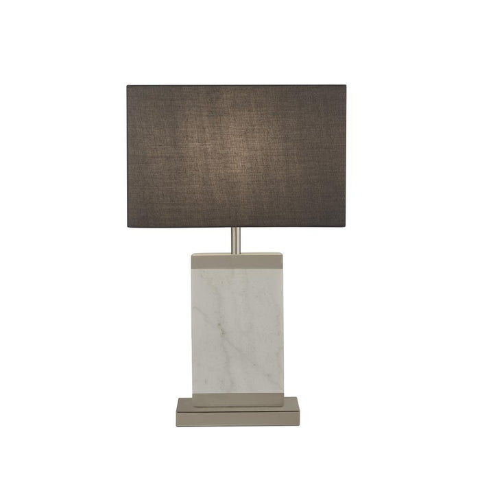 SATIN NICKLE AND WHITE MARBLE TABLE LAMP WITH GREY SHADE