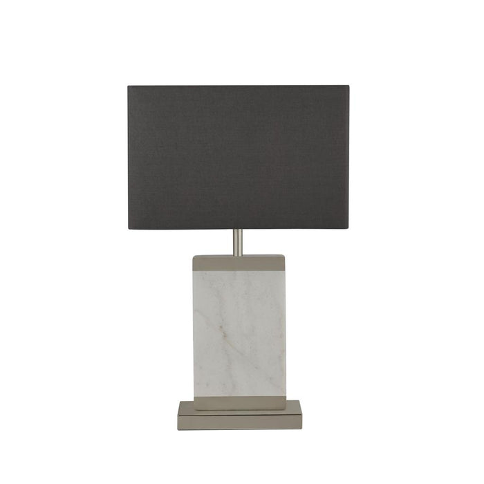 SATIN NICKLE AND WHITE MARBLE TABLE LAMP WITH GREY SHADE
