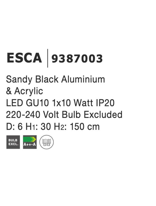 ESCA Sandy Black Aluminium & Acrylic LED GU10 1x10 Watt IP20 220-240 Volt Bulb Excluded D: 6 H 1: 30 H 2: 150 cm