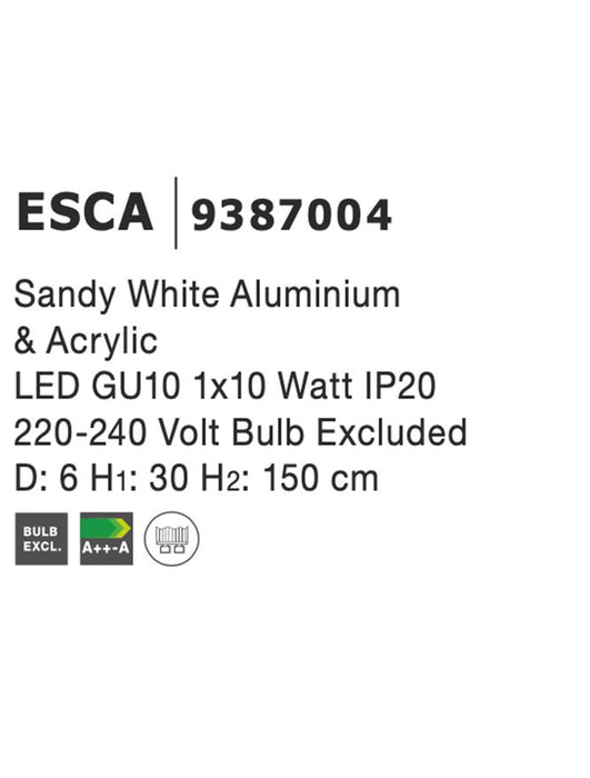 ESCA Sandy White Aluminium & Acrylic LED GU10 1x10 Watt IP20 220-240 Volt Bulb Excluded D: 6 H 1: 30 H 2: 150 cm