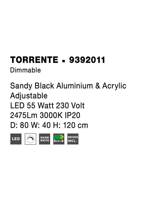 TORRENTE Sandy Black Aluminium & Acrylic Adjustable LED 55 Watt 230 Volt 2475Lm 3000K IP20 D: 80 W: 40 H: 120 cm Dimmable