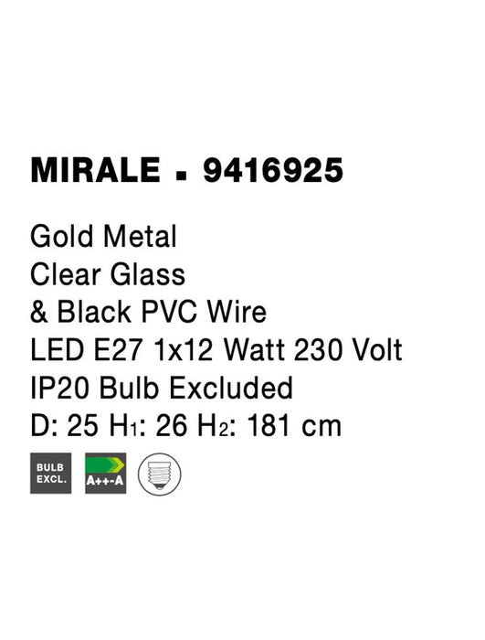 MIRALE Gold Metal Clear Glass & Black PVC Wire LED E27 1x12 Watt 230 Volt IP20 Bulb Excluded D: 25 H1: 26 H2: 181 cm