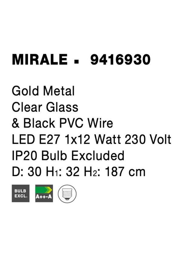 MIRALE Gold Metal Clear Glass & Black PVC Wire LED E27 1x12 Watt 230 Volt IP20 Bulb Excluded D: 30 H1: 32 H2: 187 cm