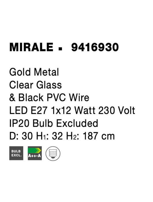 MIRALE Gold Metal Clear Glass & Black PVC Wire LED E27 1x12 Watt 230 Volt IP20 Bulb Excluded D: 30 H1: 32 H2: 187 cm