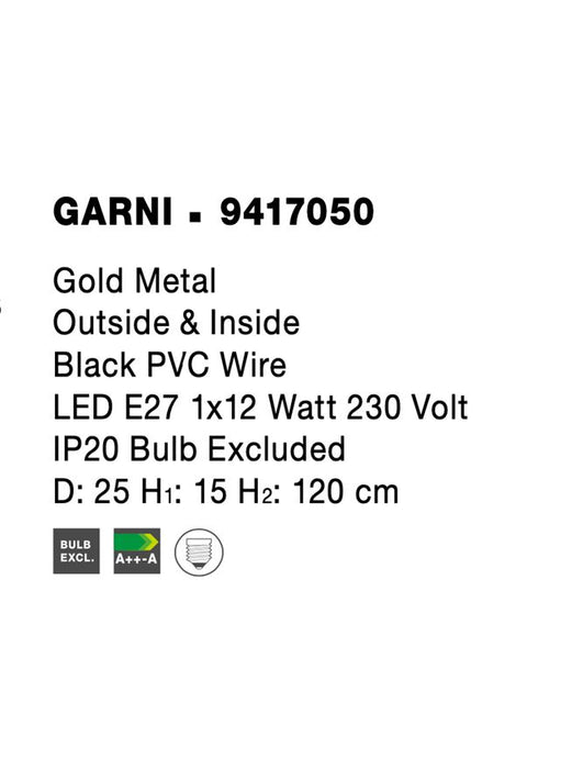 GARNI Gold Metal Outside & Inside Black PVC Wire LED E27 1x12 Watt 230 Volt IP20 Bulb Excluded D: 25 H1: 15 H2: 120 cm