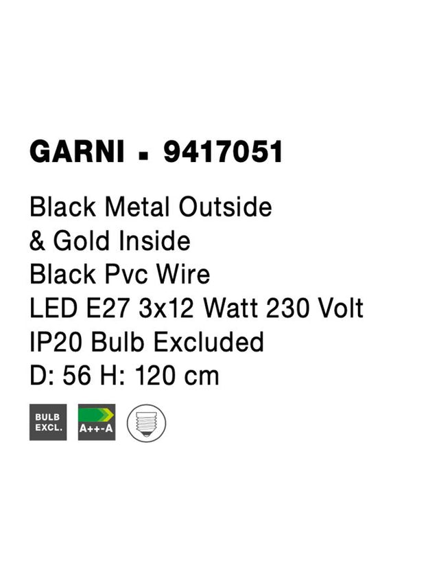 GARNI Black Metal Outside & Gold Inside Black Pvc Wire LED E27 3x12 Watt 230 Volt IP20 Bulb Excluded D: 56 H: 120 cm
