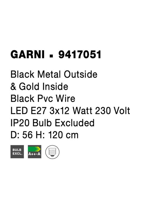 GARNI Black Metal Outside & Gold Inside Black Pvc Wire LED E27 3x12 Watt 230 Volt IP20 Bulb Excluded D: 56 H: 120 cm