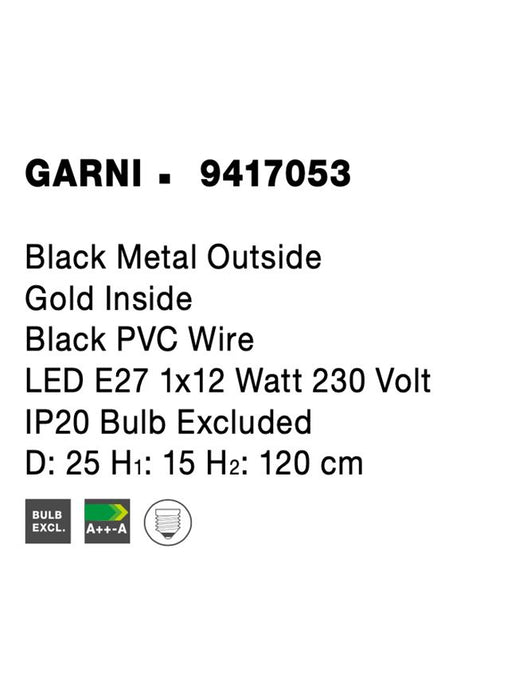 GARNI Black Metal Outside Gold Inside Black PVC Wire LED E27 1x12 Watt 230 Volt IP20 Bulb Excluded D: 25 H1: 15 H2: 120 cm