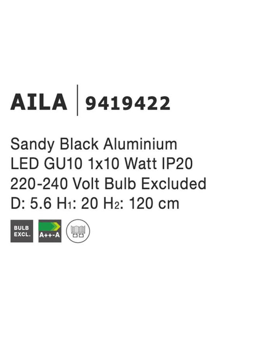 AILA Sandy Black Aluminium LED GU10 1x10 Watt IP20 220-240 Volt Bulb Excluded D: 5.6 H 1: 20 H 2: 120 cm