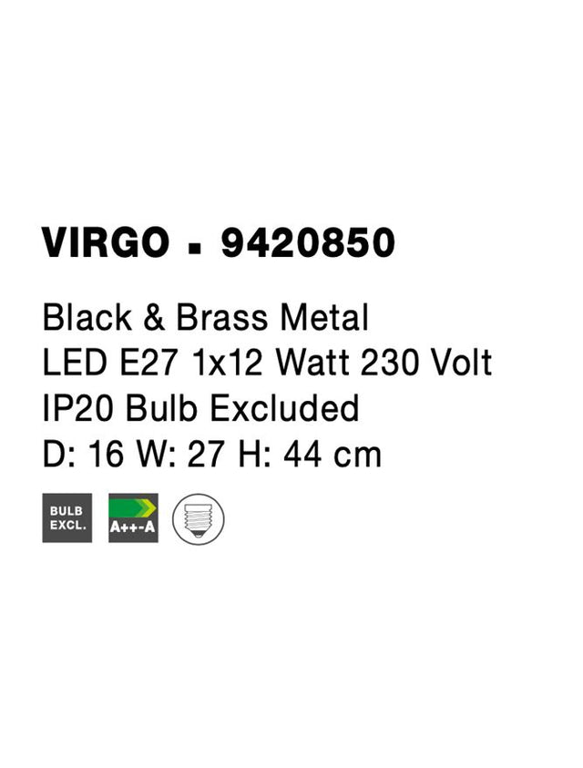 VIRGO Black & Brass Metal LED E27 1x12 Watt 230 Volt IP20 Bulb Excluded D: 16 W: 27 H: 44 cm